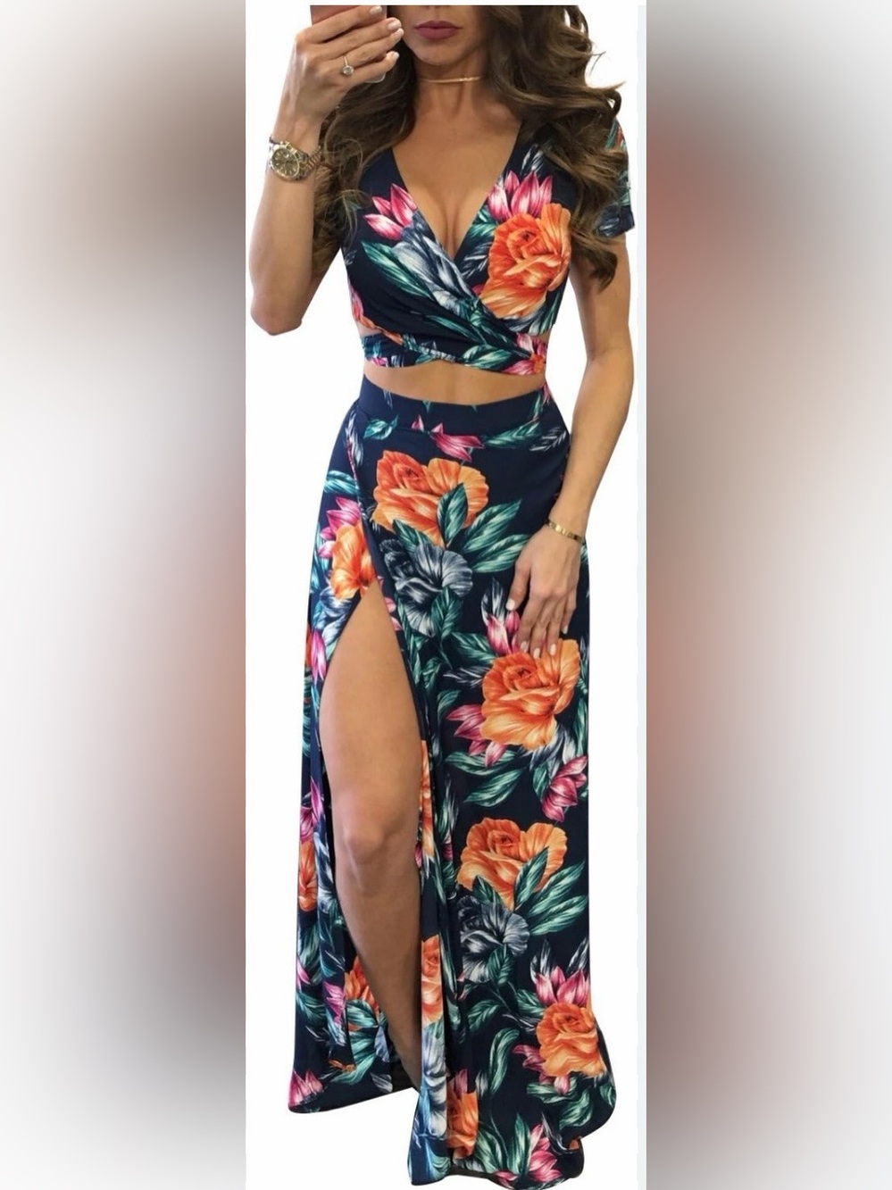 Floral Wrap Maxi skirt with cropped top in Navy with Orange Blooms